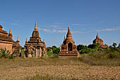 The cluster of red brick temples, named Khay-min-gha on the map on the North plain of Bagan. Myanmar. 